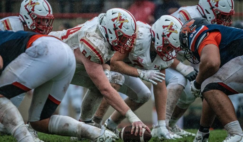VMI's offensive line facing off against Bucknell's defensive line