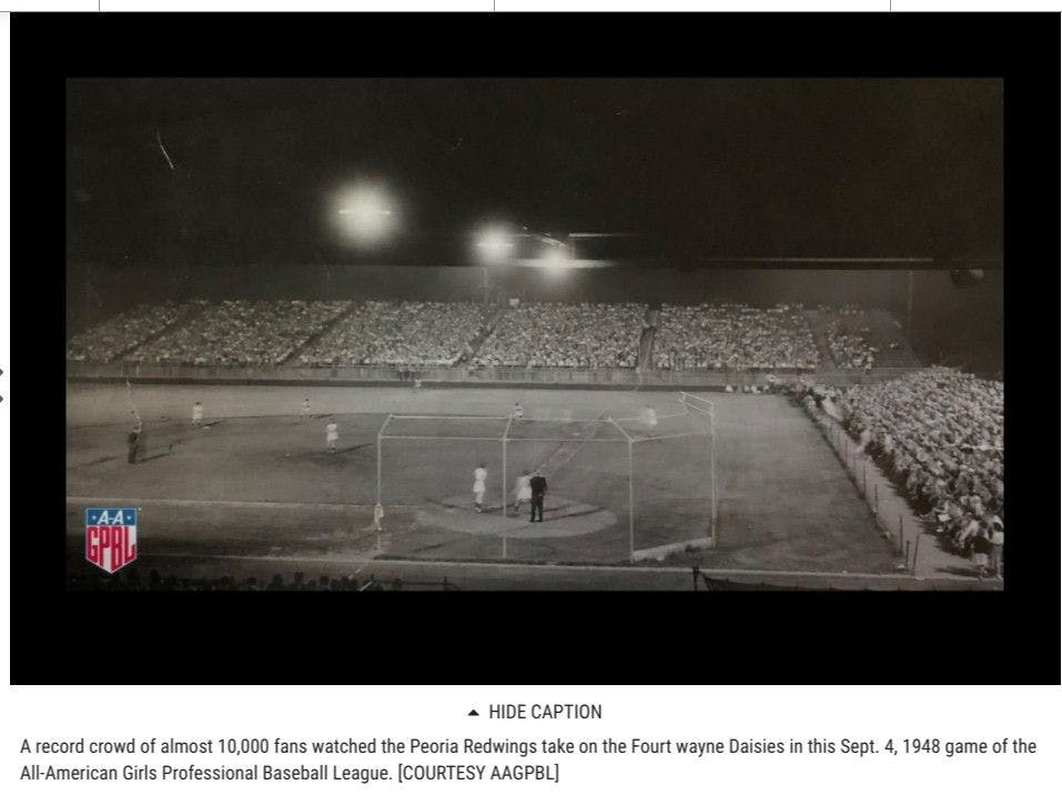Peoria Stadium in front of a packed All-American Girls Professional Baseball League crowd in 1948