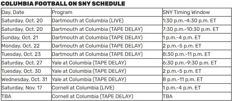 SNY's Tape-Delay Schedule of Columbia Games in 2018. 